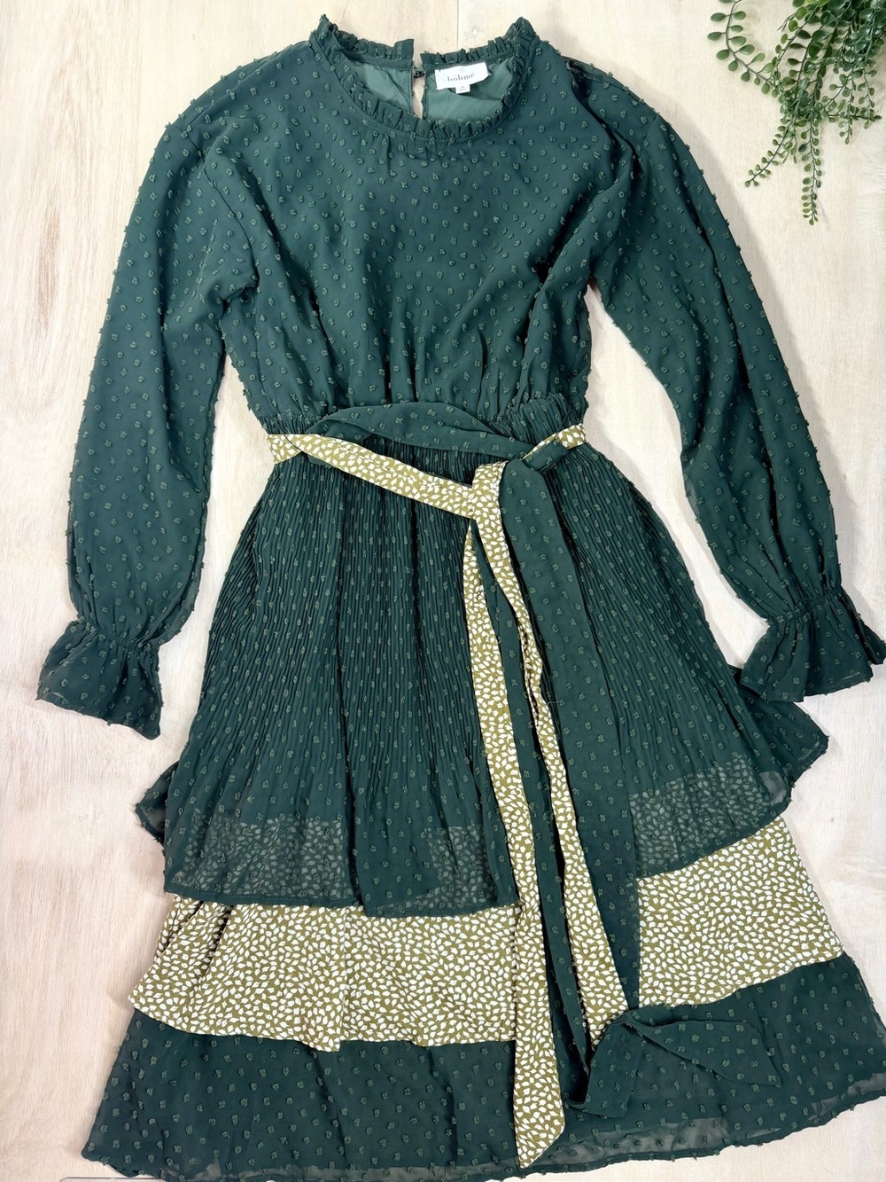 Böhme Evergreen Swiss Dot Long Sleeve Tie Waist Midi Dress Size S